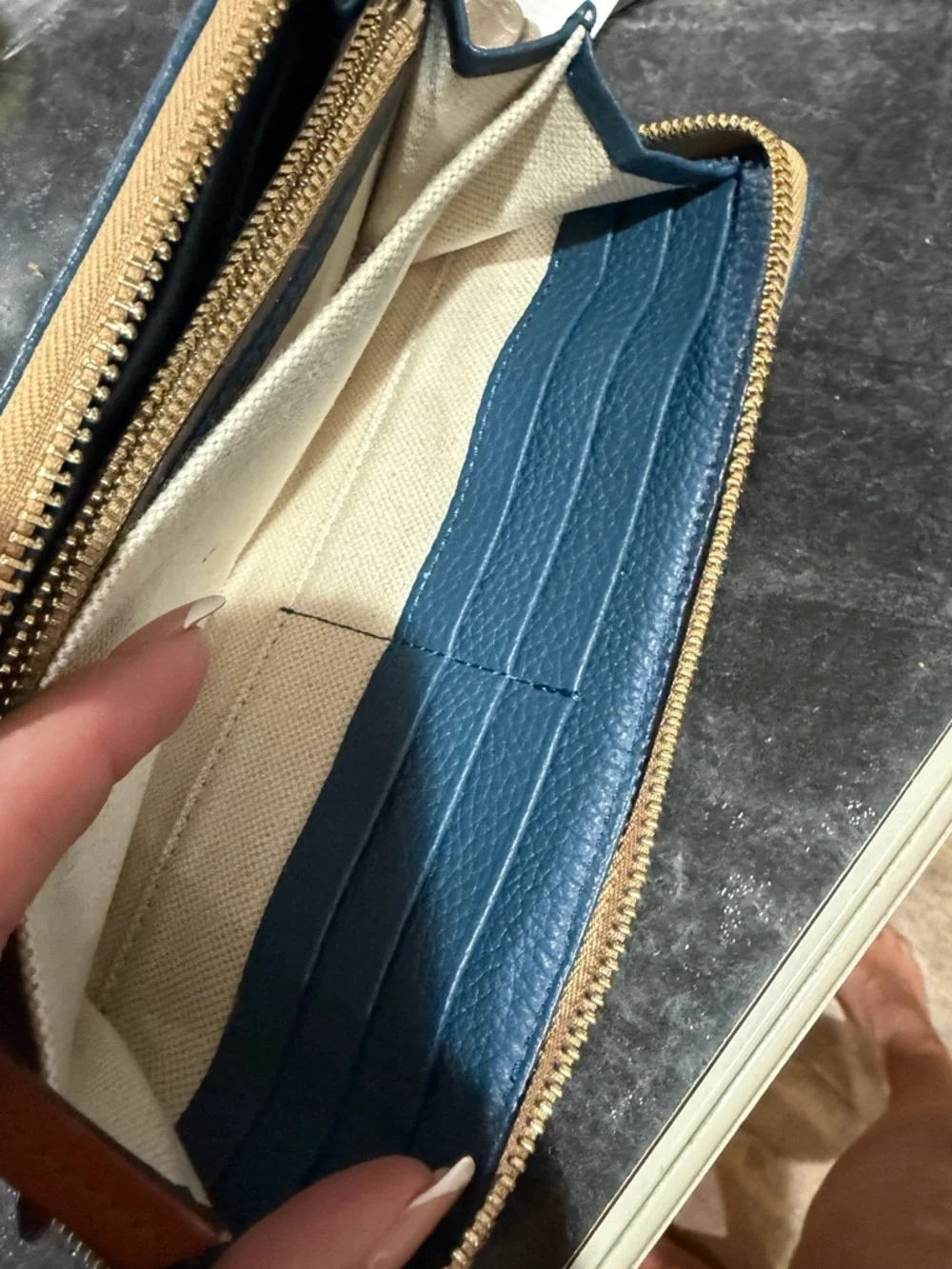 Dooney & Bourke Navy Pebbled Leather Zip Wallet with Brown Patch - Picture 8 of 11